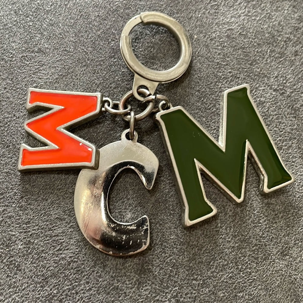 MCM Enamel Key Chain and Charm with Orange, Silver, and Green Letters